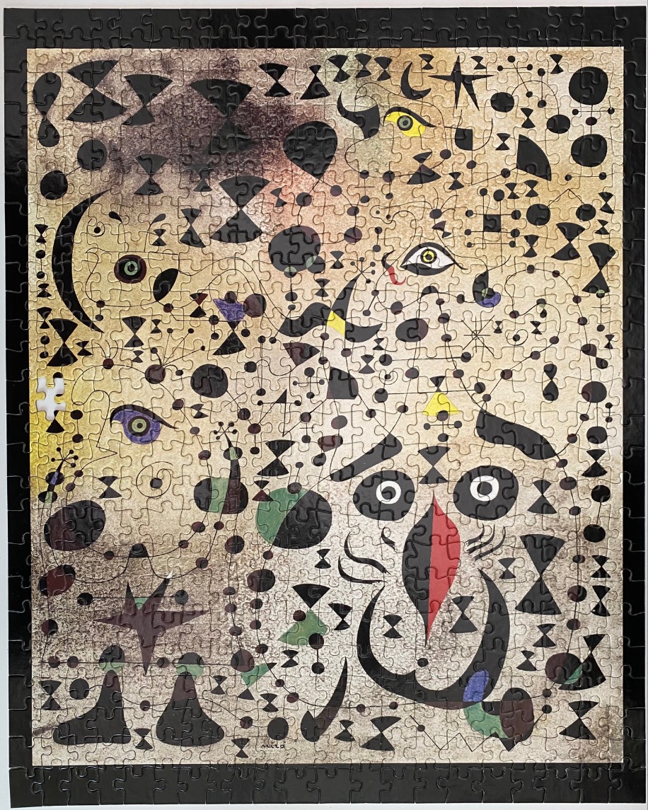 Abstract surrealist painting by Joan Miro with constellation-like figures, geometric shapes, and eyes on a tan background.