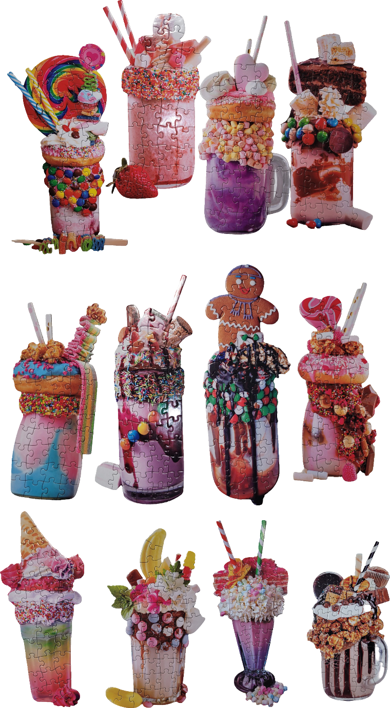 Twelve colorful, extravagantly decorated milkshake and dessert beverages against a white background.