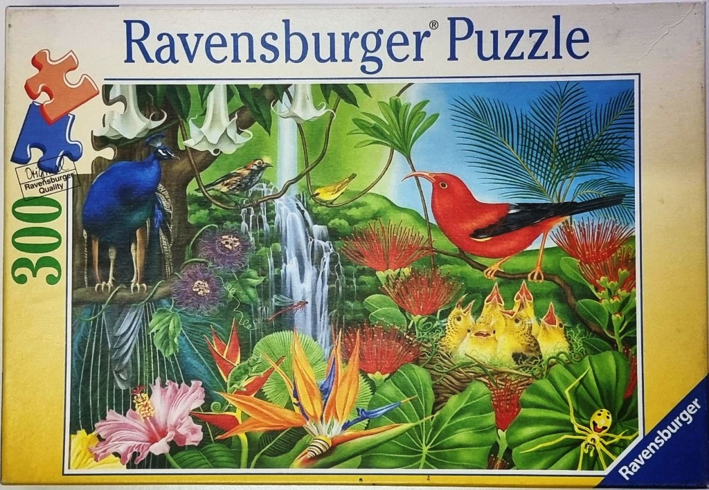 A lush tropical rainforest scene featuring a bright red bird, a peacock, and diverse exotic flowers.