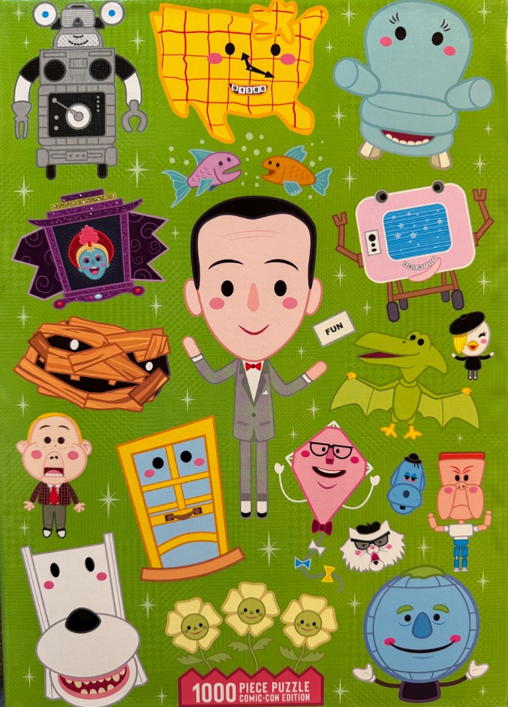 Cartoon characters and icons from Pee-wee's Playhouse on a bright green background.