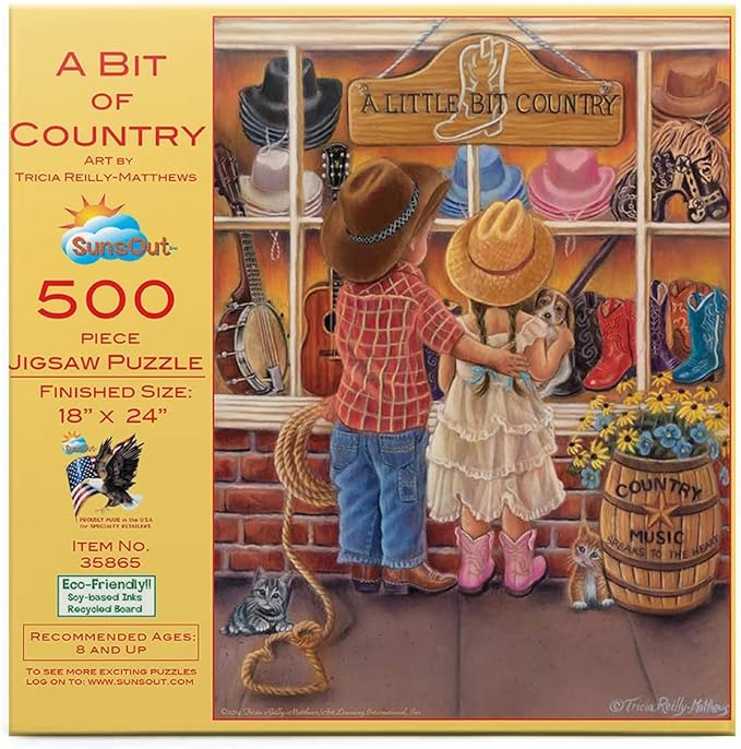 A young boy and girl look into a country-themed shop window filled with cowboy hats, guitars, and western boots.