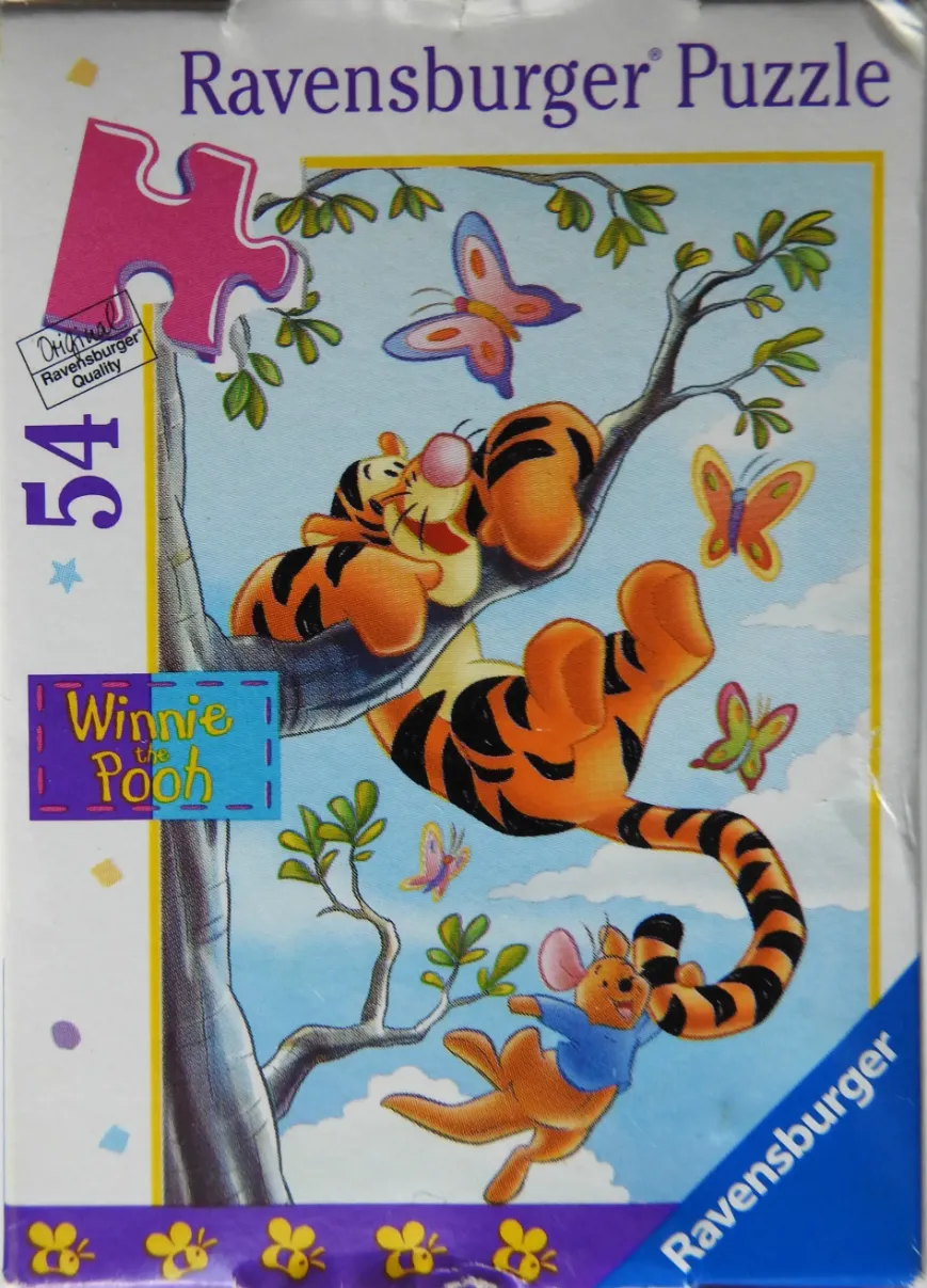 Tigger sleeping on a tree branch while Roo hangs from his tail in a whimsical cartoon style.