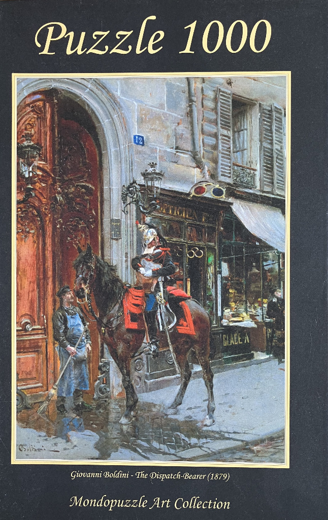 An oil painting of a mounted soldier stopping to talk to a street sweeper outside a Parisian building.