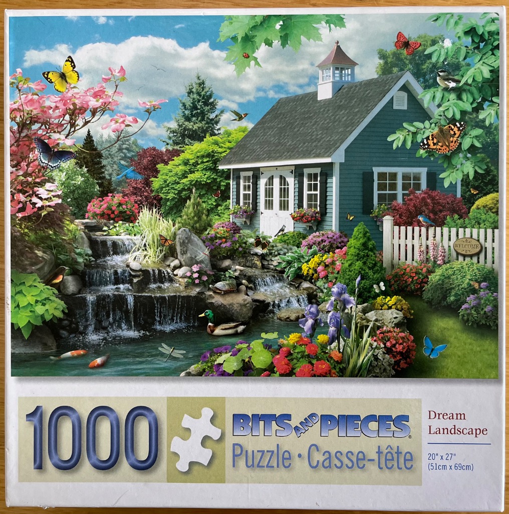 A peaceful garden scene with a blue shed, a multi-tiered waterfall, a pond with koi and ducks, and various butterflies.