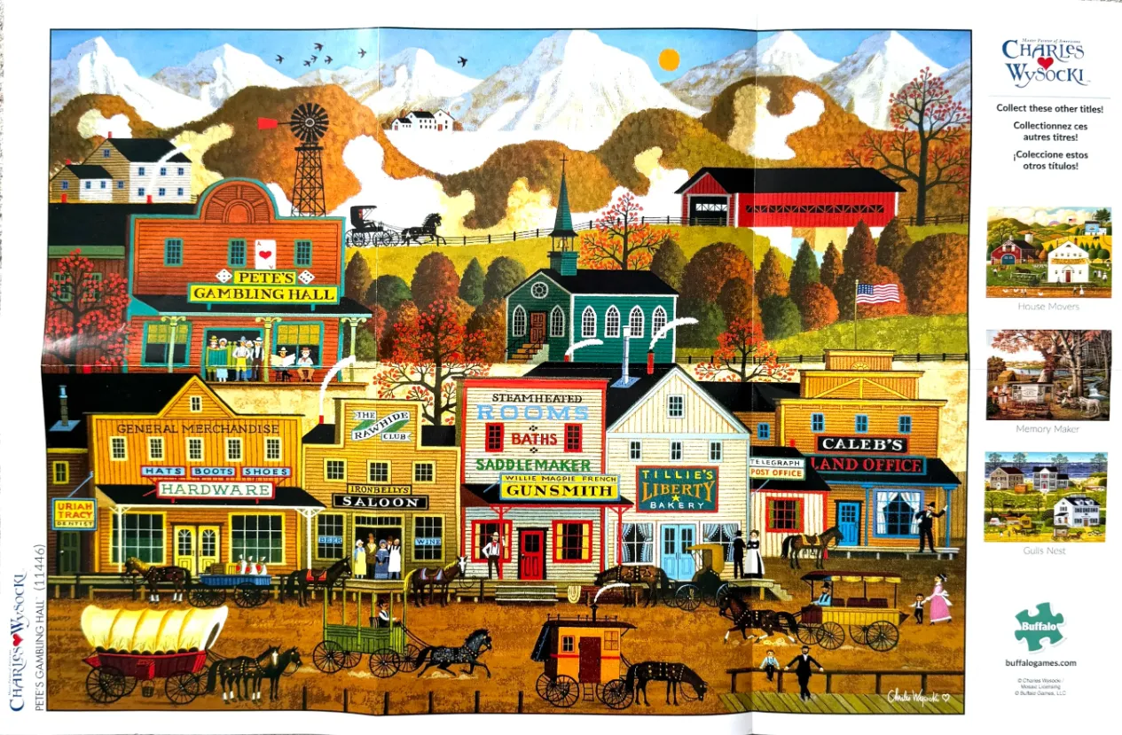 A detailed folk-art scene of a lively 19th-century American town street featuring various businesses and mountain backdrops.