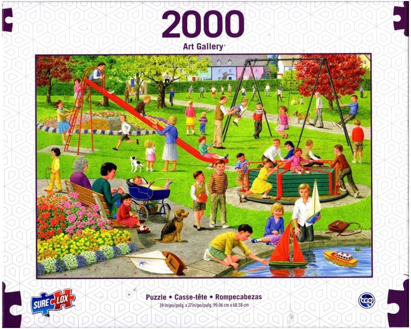 A sunny park scene filled with many children playing on slides, swings, and a merry-go-round by a pond.