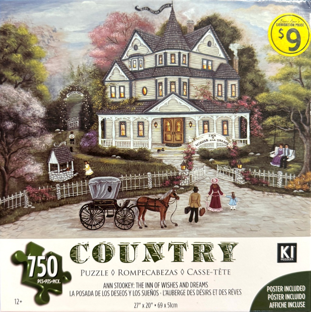 A Victorian inn scene with a horse-drawn carriage and family walking up a path in a nostalgic, painterly style.