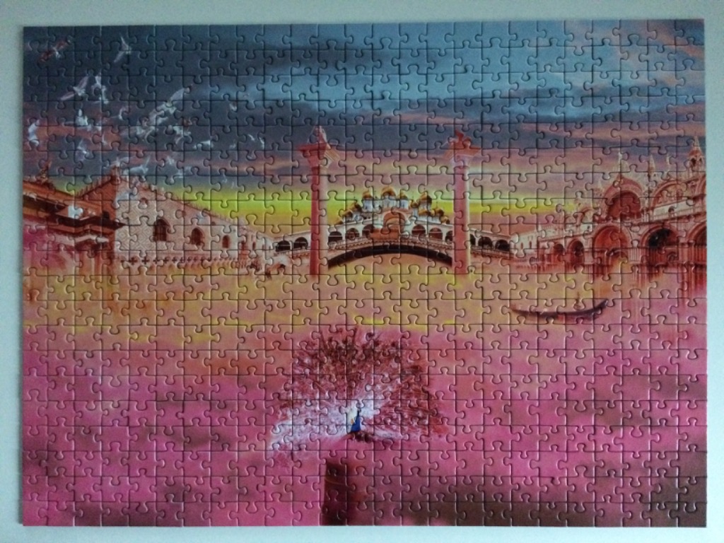 A surreal illustration of St. Mark's Square in Venice in vibrant pink, orange, and purple hues with a peacock.