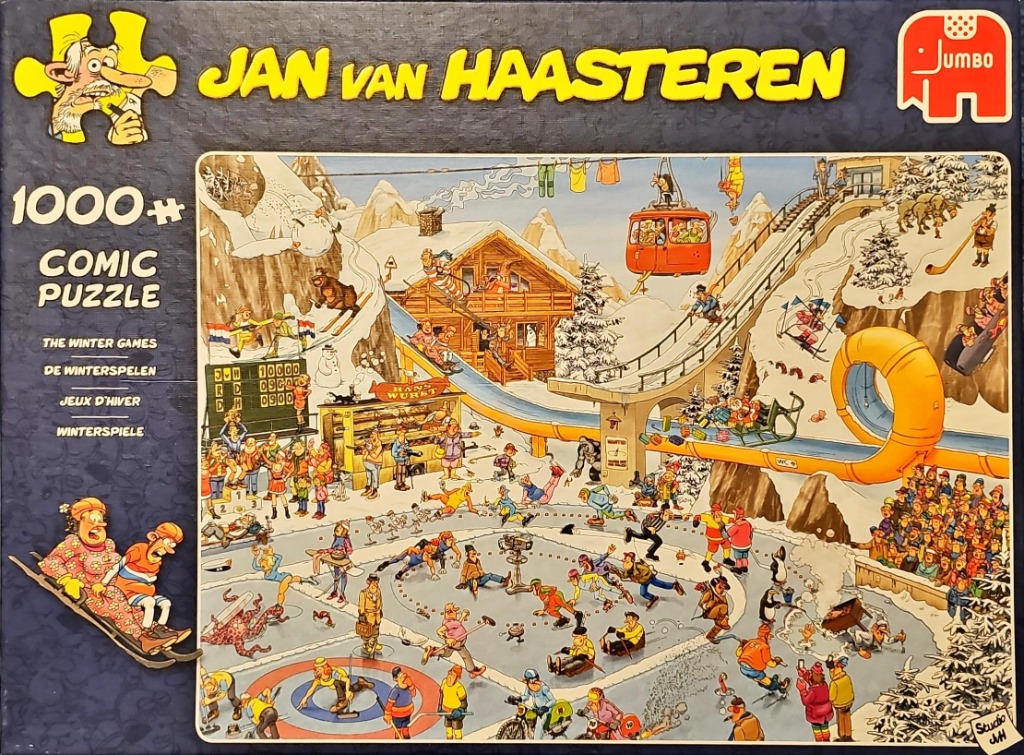 A busy cartoon illustration of chaotic winter sports activities, including ice skating, bobsledding, and a ski lift.