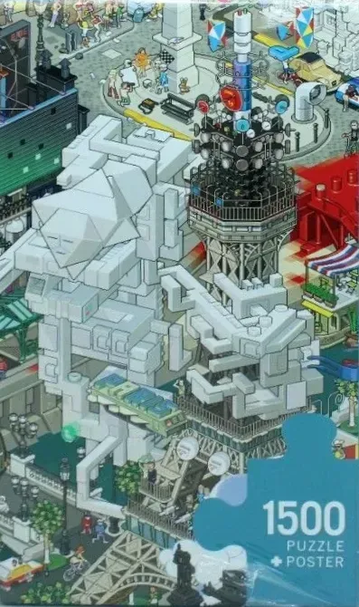 Isometric illustration of a stylized, blocky Paris cityscape with a tower, a robot, and busy streets.