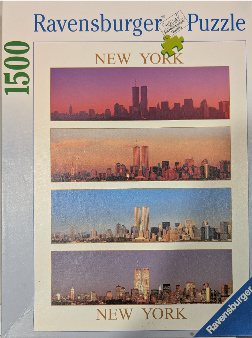 A four-panel composite photograph showing the New York City skyline at different times of day.