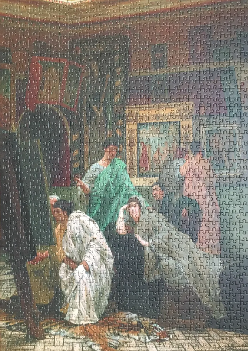 A classical oil painting showing a group of figures in ancient Roman attire gathered in an interior setting.