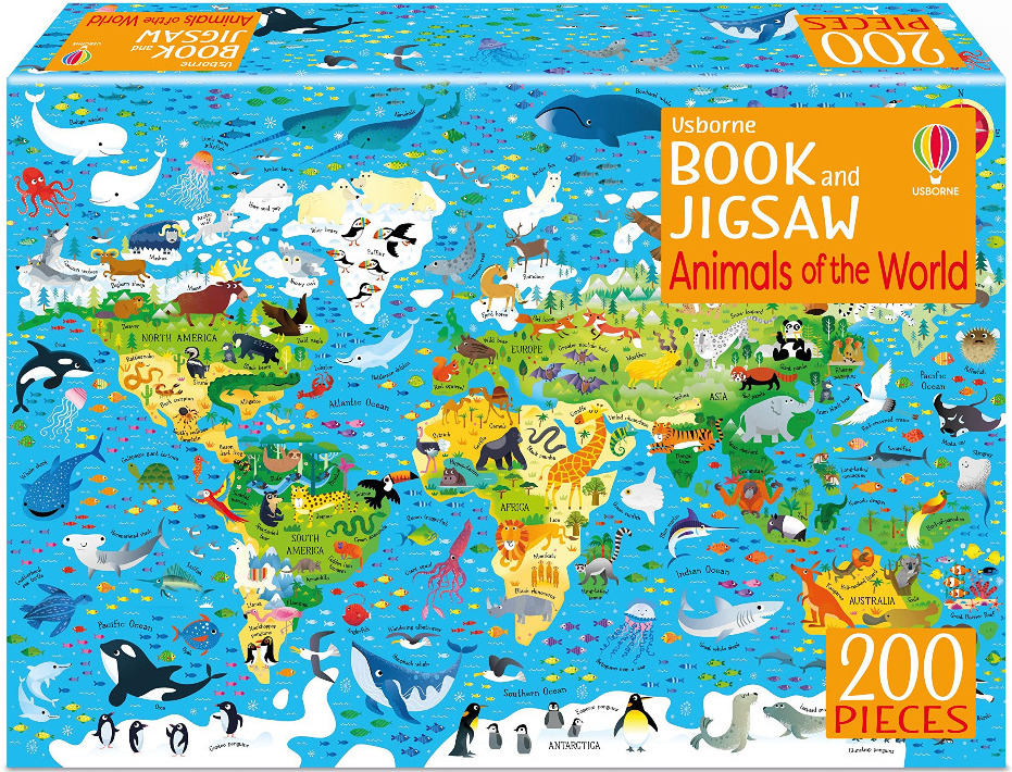Illustrated world map populated with various animals and marine life on a bright blue background.