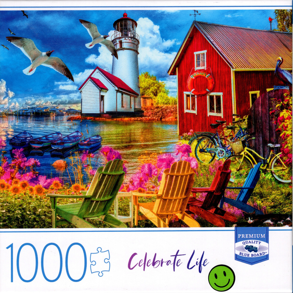 Coastal scene with a lighthouse, red house, and colorful chairs overlooking a harbor with seagulls.