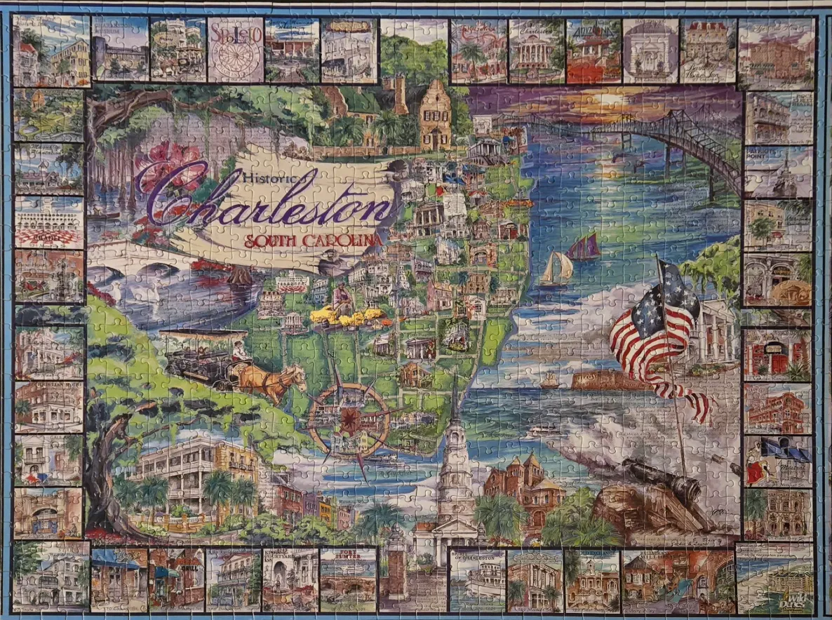 A collage-style illustrated map of historic Charleston, South Carolina, surrounded by small vignettes of landmarks.