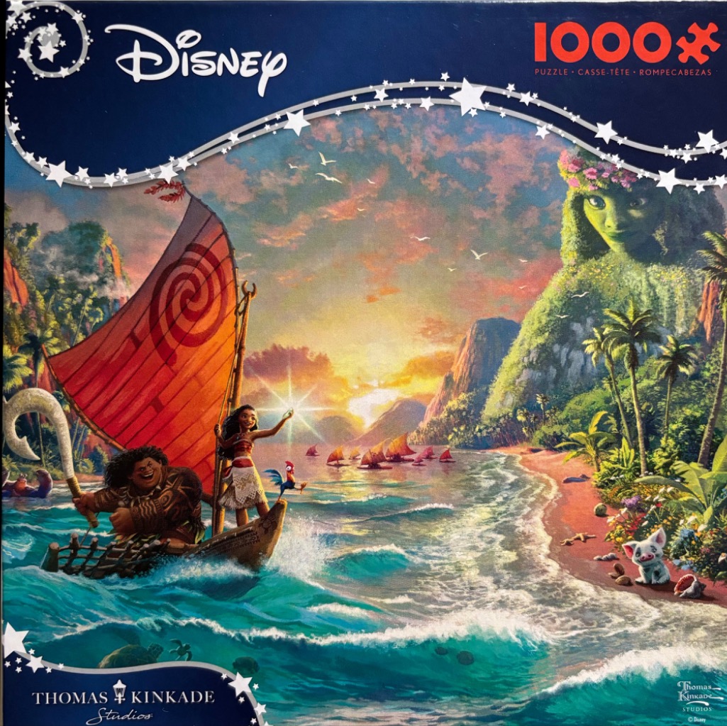 Moana and Maui sailing on a boat towards the island goddess Te Fiti at sunset.
