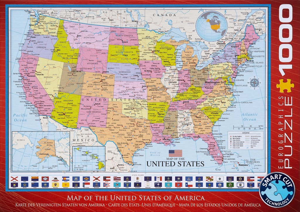 Political map of the United States featuring individual states in various colors and smaller inset maps.