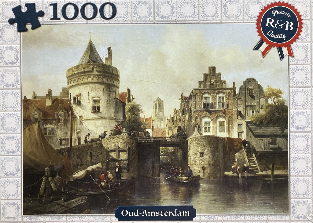 A painting of an old Amsterdam canal scene with stone buildings, a circular tower, and people in small boats.