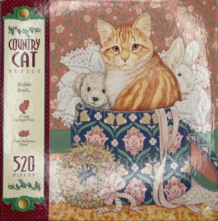 An illustration of an orange tabby cat, a teddy bear, and a white rabbit sitting inside a patterned ceramic basket.