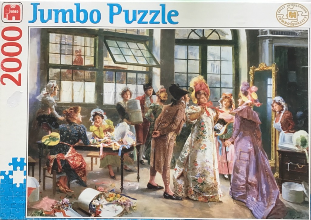 A vintage-style oil painting of women and a man in 19th-century attire inside a milliner