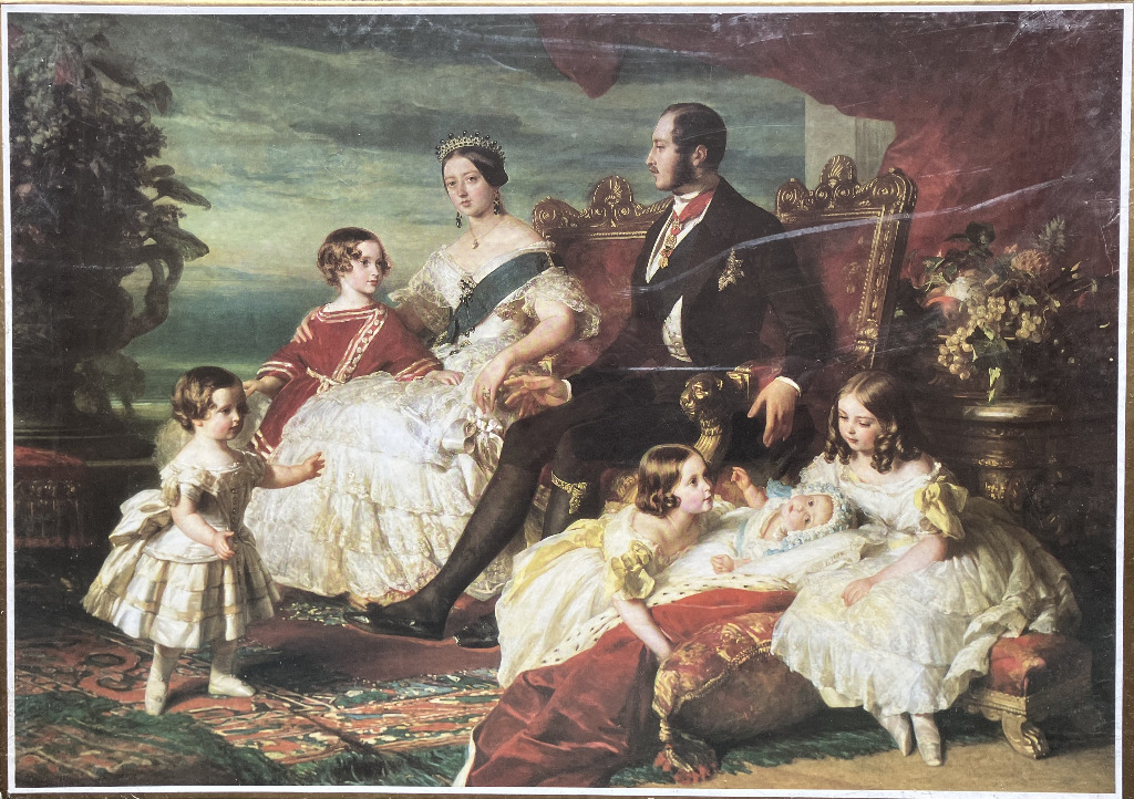 A formal 19th-century oil painting of Queen Victoria, Prince Albert, and their five young children.