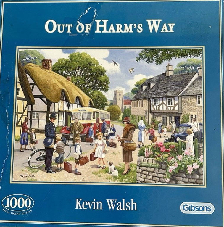 Painting of a 1940s village scene with children evacuating via bus, titled Out of Harm's Way