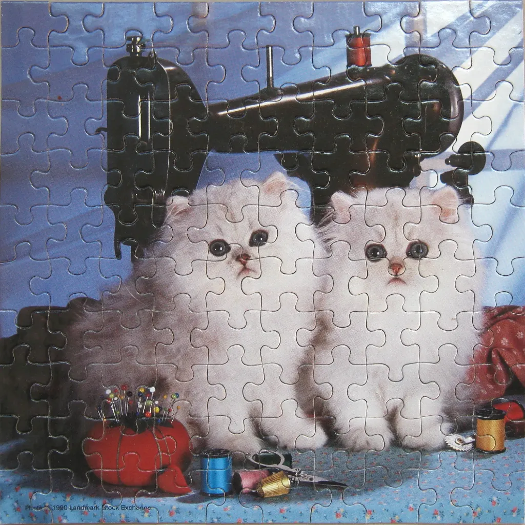 Two fluffy white kittens sitting in front of a vintage sewing machine with sewing supplies.