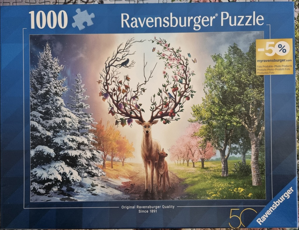 A majestic deer with antlers made of changing seasons standing in a forest landscape transitioning through the year.