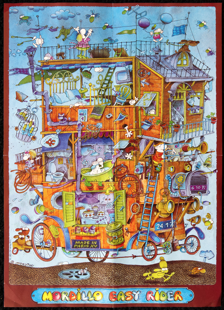 Cartoon illustration of a whimsical, multi-story house on wheels filled with eccentric characters and objects.