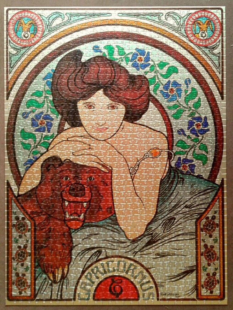 An Art Nouveau style illustration of a woman leaning on a bear, titled "Capricornus"