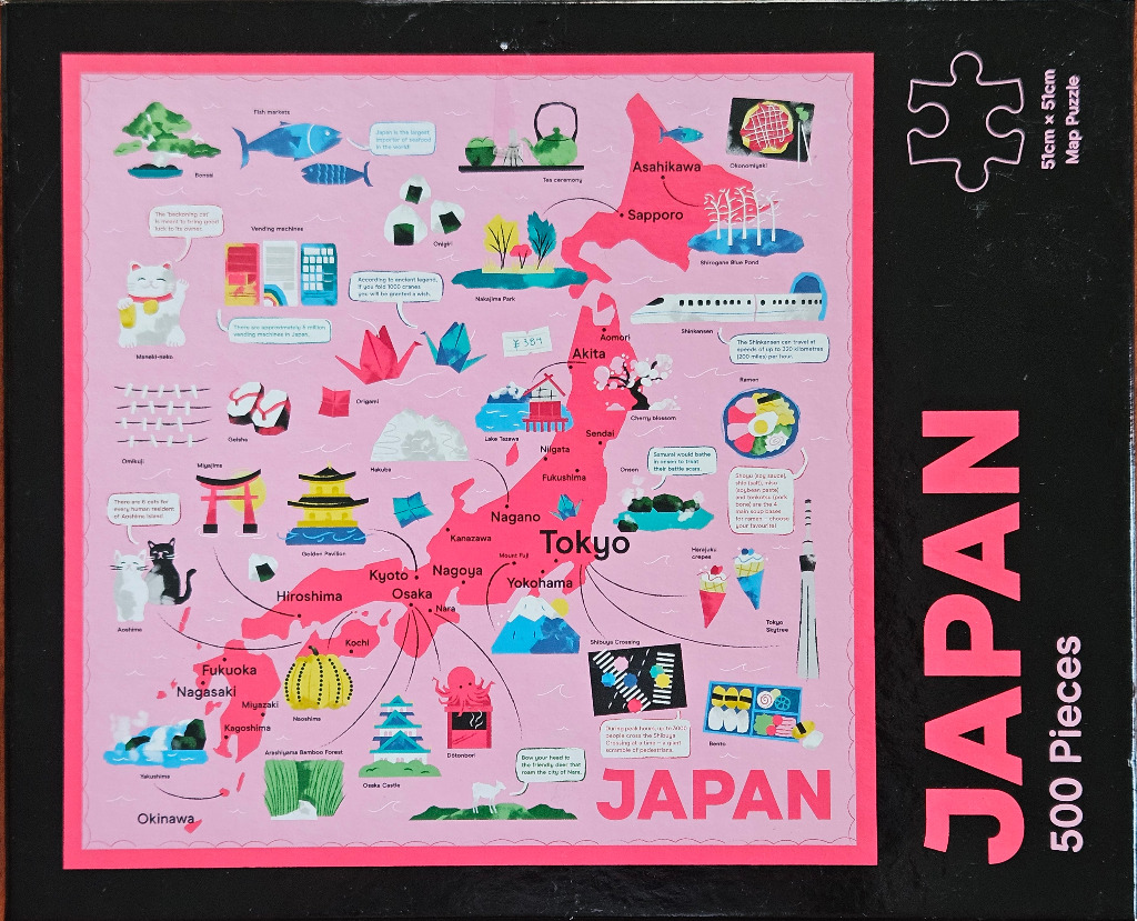 Illustrated map of Japan featuring cultural icons and landmarks on a light pink background