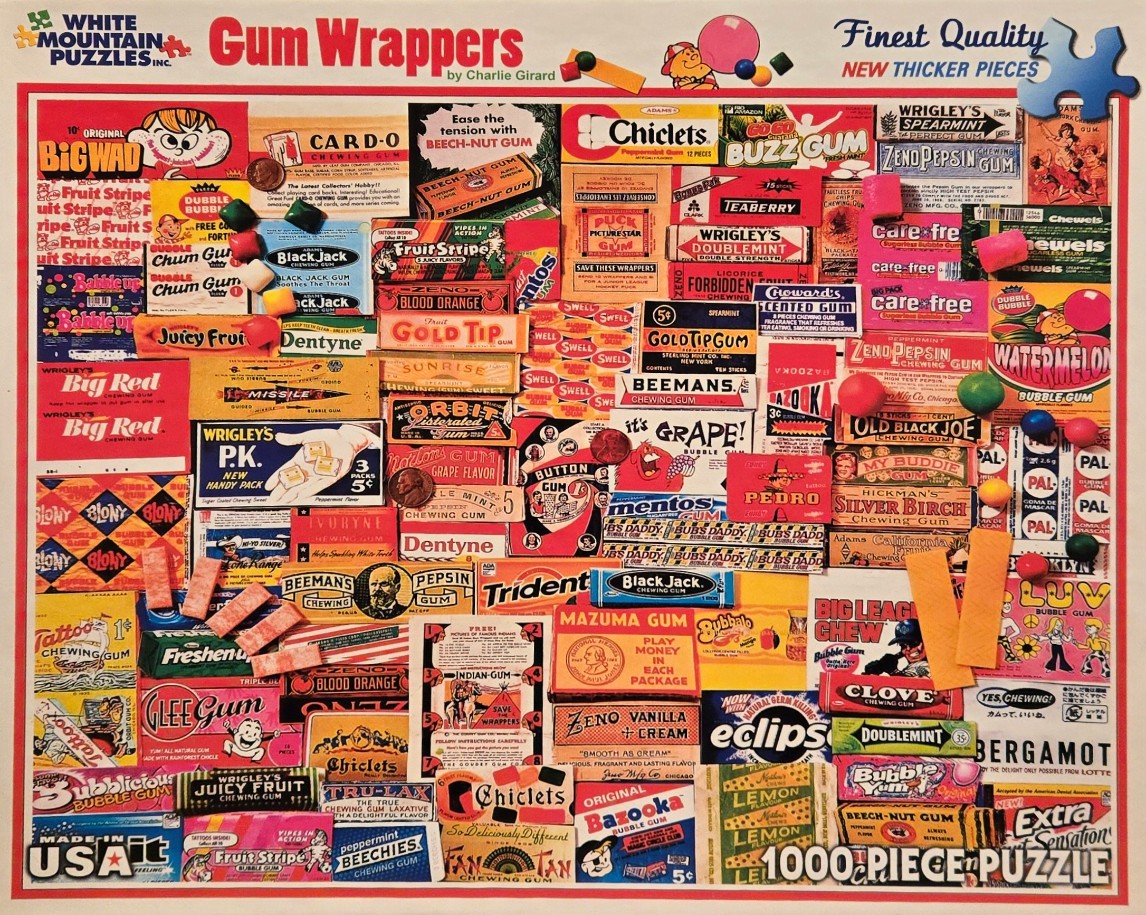 A collage of vintage chewing gum wrappers and product packaging.