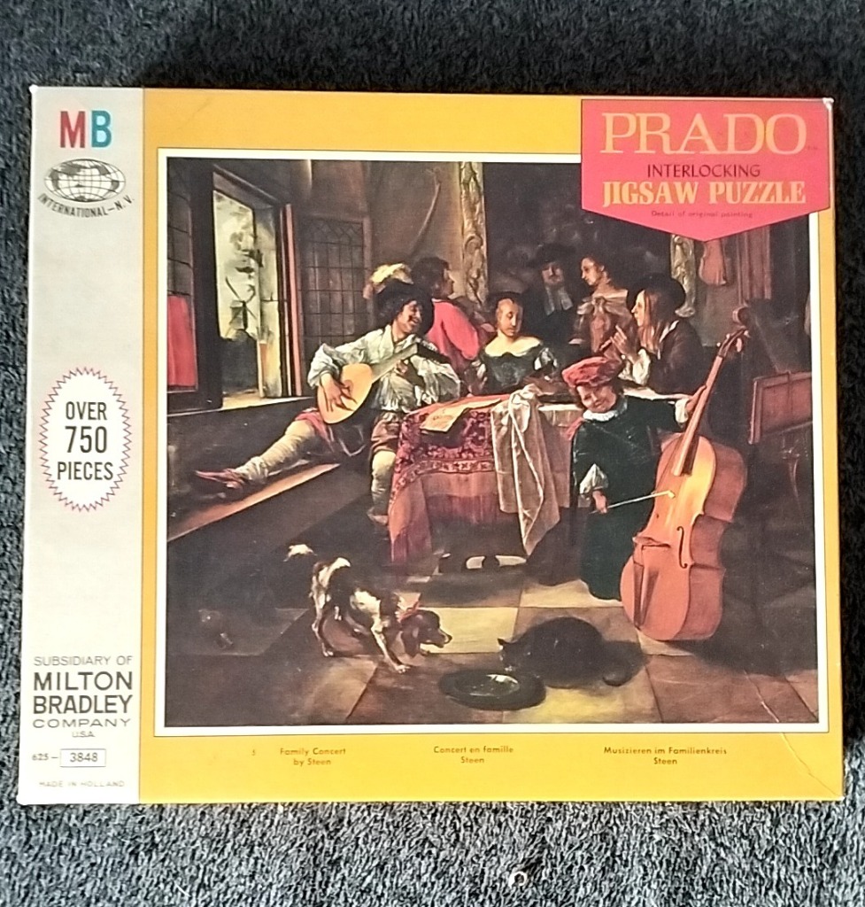 Painting of a 17th-century family music concert in a dimly lit room with a dog and a cat in the foreground.