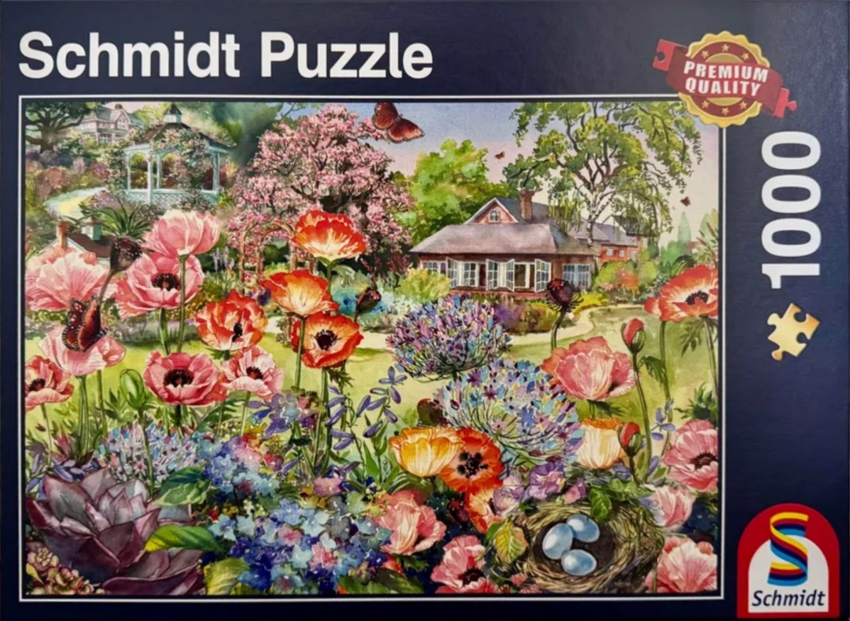 A lush, colorful garden filled with blooming poppies, a bird