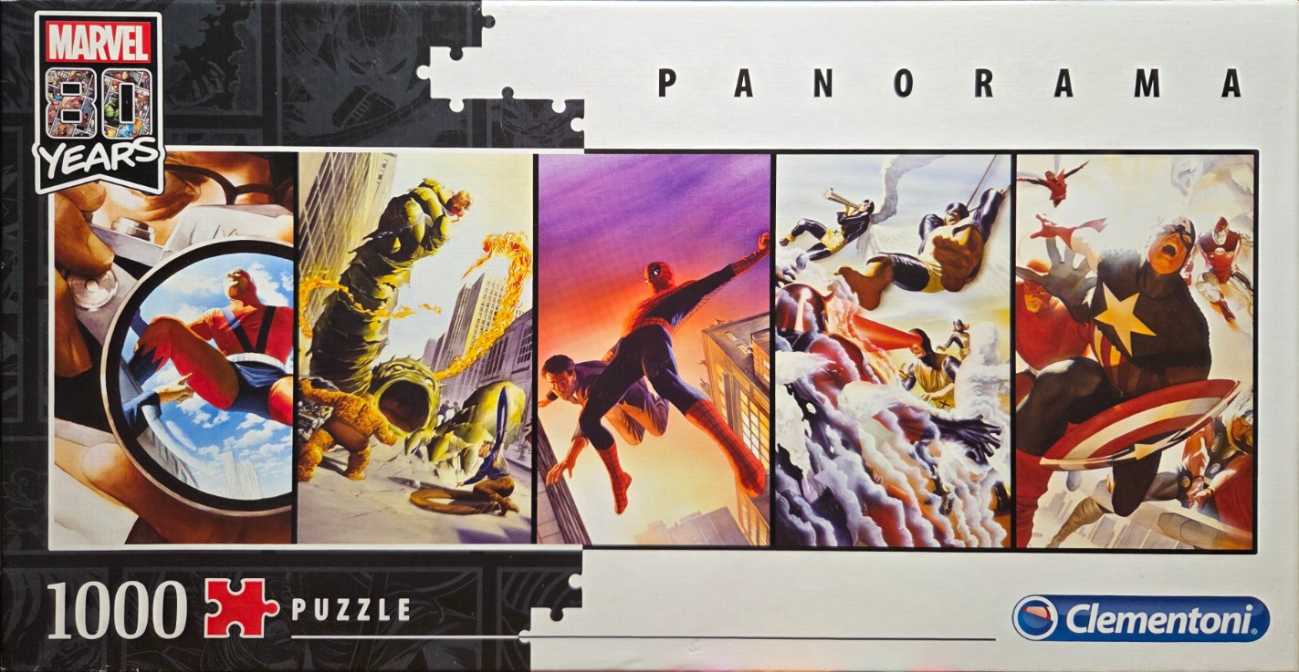 A panoramic montage of classic Marvel comic book superheroes in action.