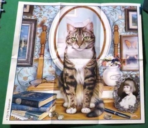 An illustration of a tabby cat sitting in front of a wooden oval frame on a desk surrounded by books and photographs.