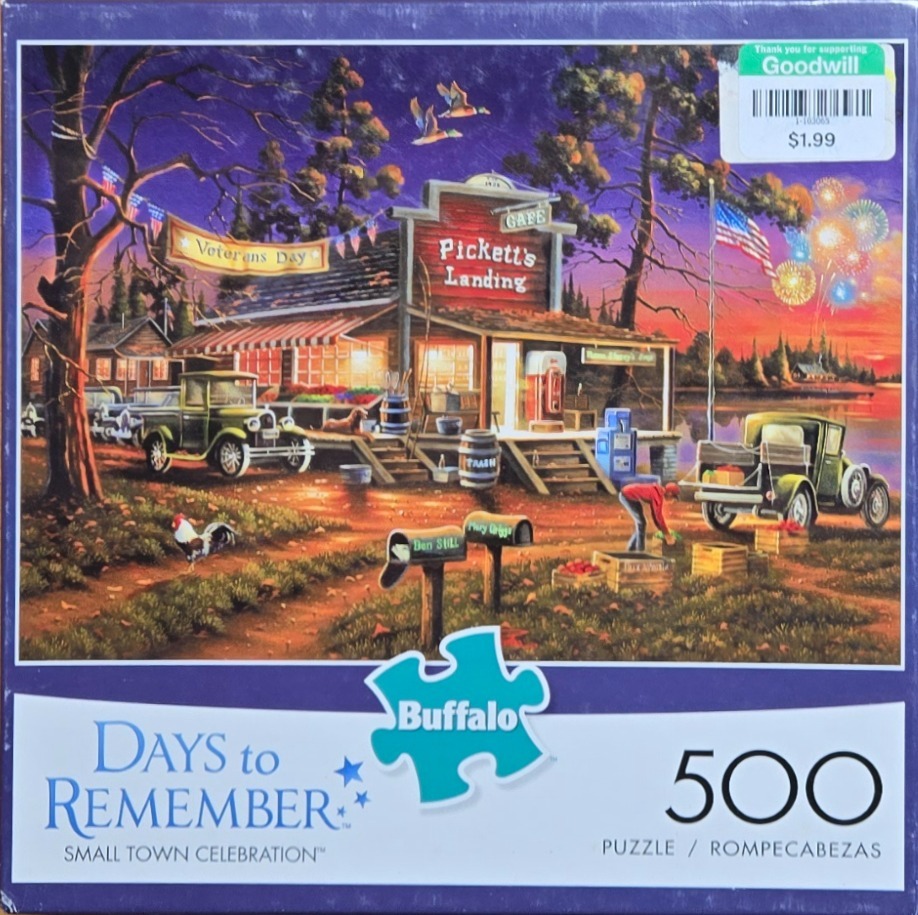 Illustration of a rustic cafe at sunset with vintage trucks, fireworks, and patriotic decorations.