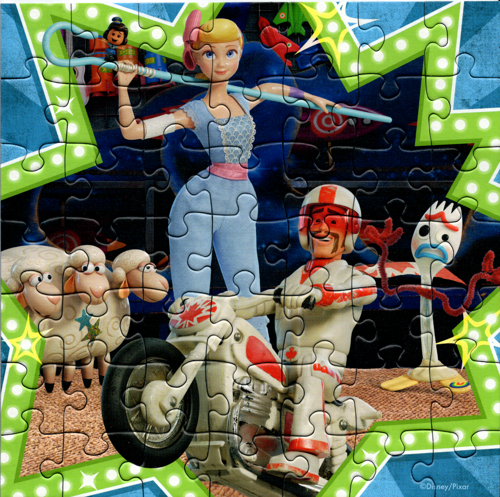 Bo Peep, Duke Caboom, Forky, and three sheep from Toy Story 4