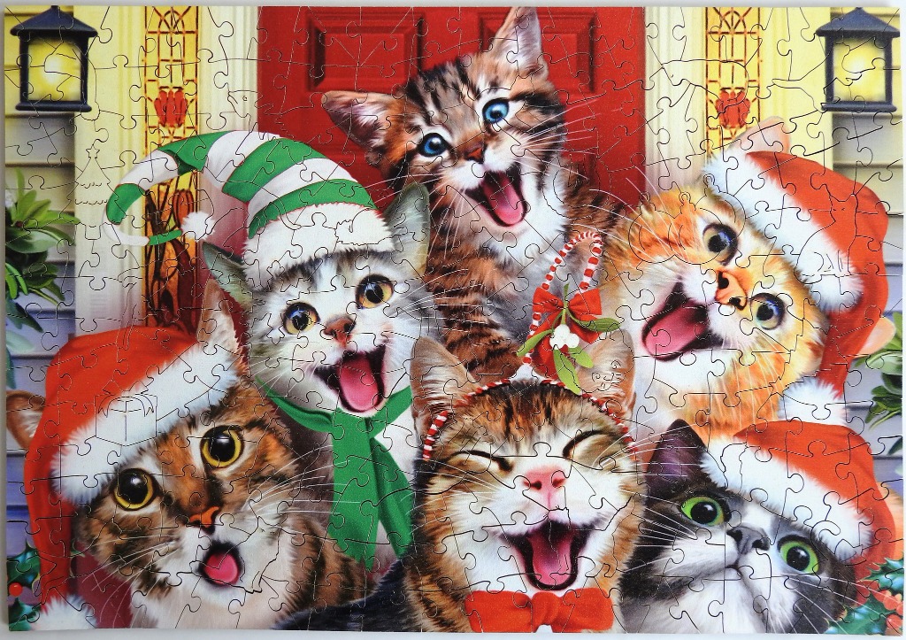 A group of six excited kittens wearing Christmas hats and scarves in front of a red door.