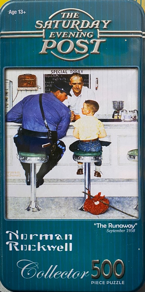A Norman Rockwell illustration of a police officer and a young boy sitting together at a diner counter.