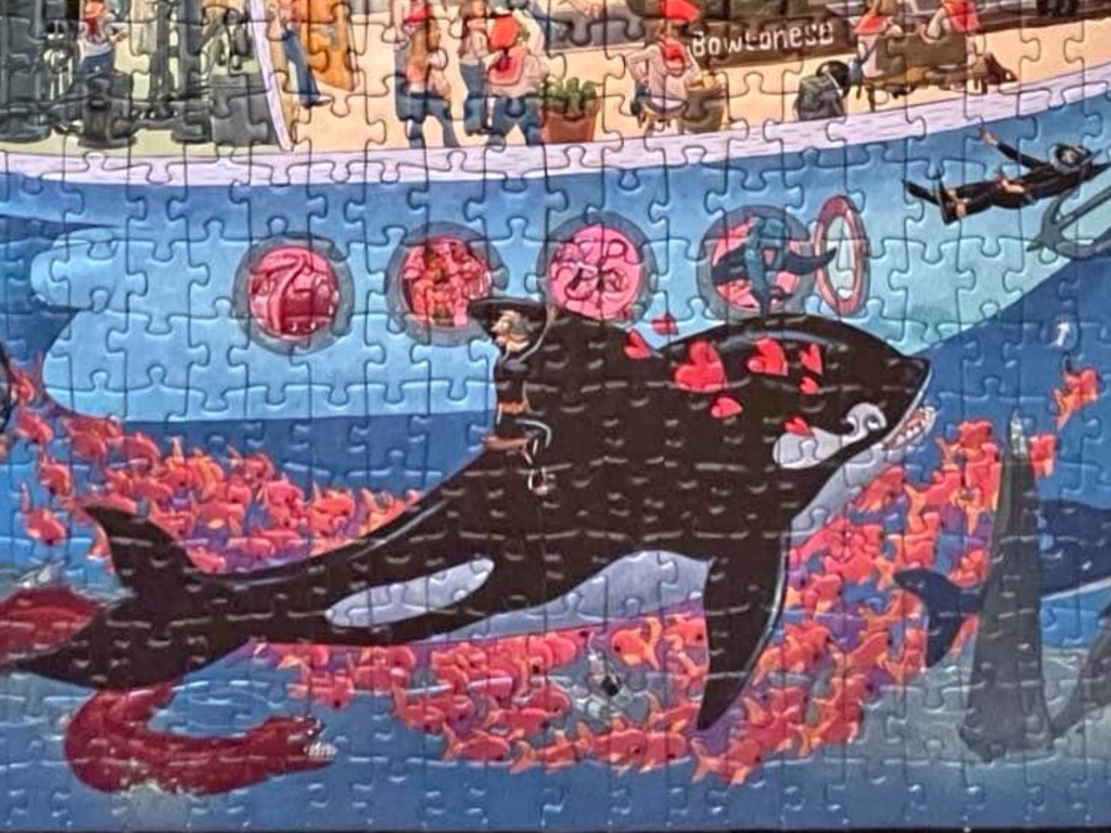 A whimsical illustration of a large orca swimming beneath a cruise ship filled with cartoon passengers.