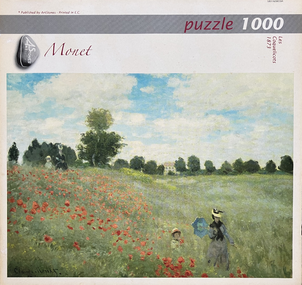 Impressionist painting of two pairs of figures walking through a lush meadow filled with red poppies under a cloudy sky.
