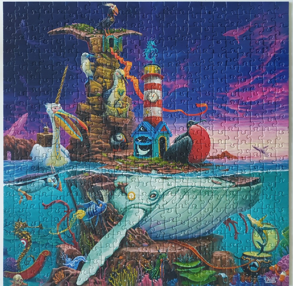 Surreal illustration of a giant whale beneath a rock formation topped with a lighthouse and seabirds