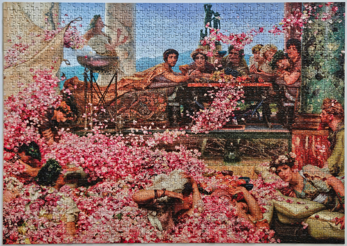A classical painting of a Roman banquet buried under a cascading avalanche of pink rose petals.