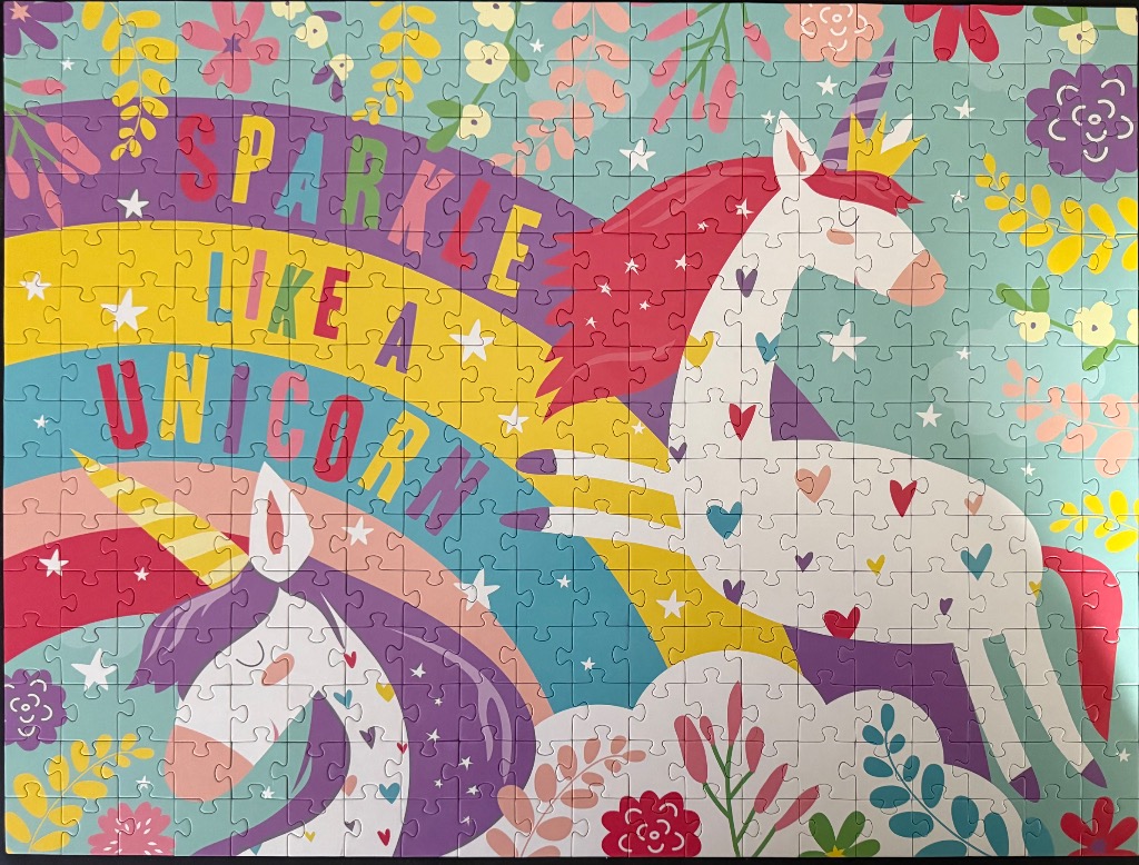 A whimsical illustration of two unicorns, a rainbow, and the text Sparkle Like a Unicorn against a floral background.