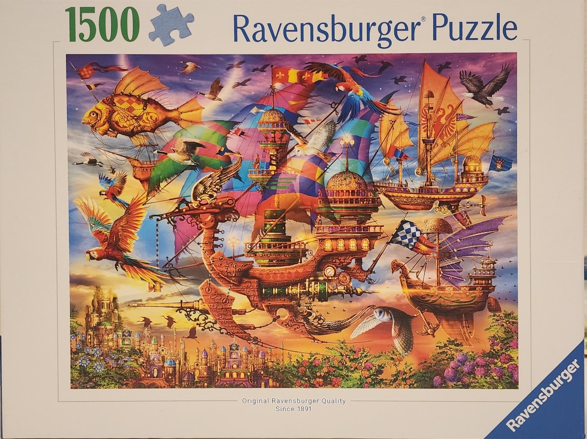 A fantasy illustration of ornate steampunk airships sailing through a sky filled with exotic birds over a golden city.