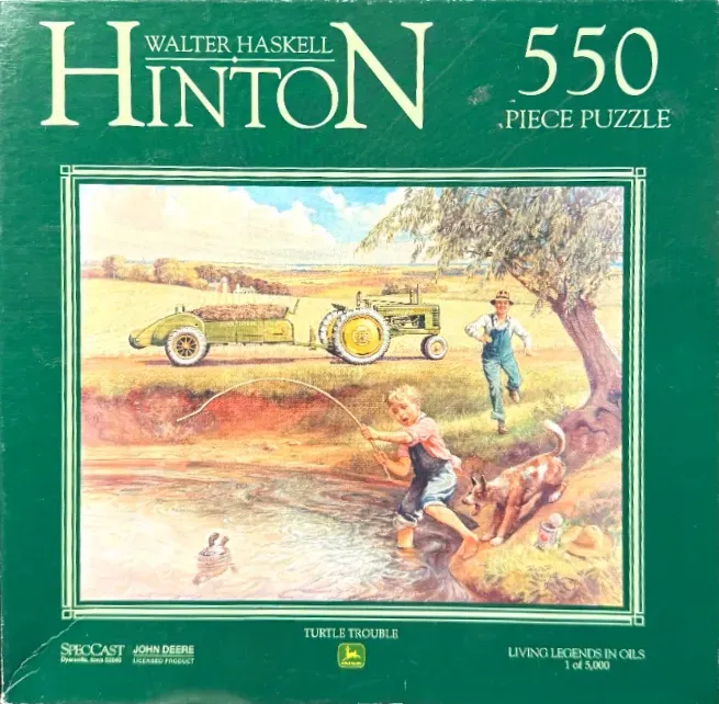 An oil painting of a young boy fishing at a pond while a man runs toward a green tractor in a field.