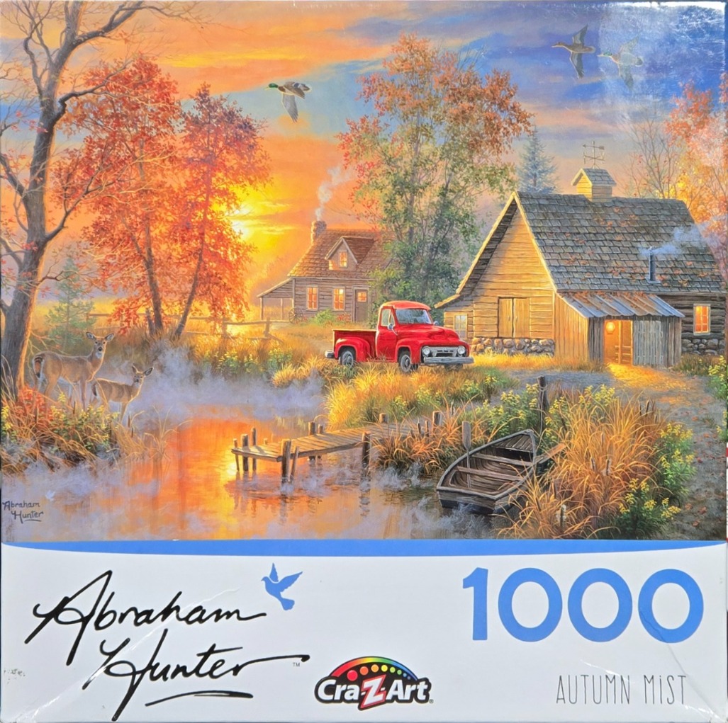 A peaceful autumn landscape featuring a pond, a red vintage truck, and rustic farm buildings at sunset.