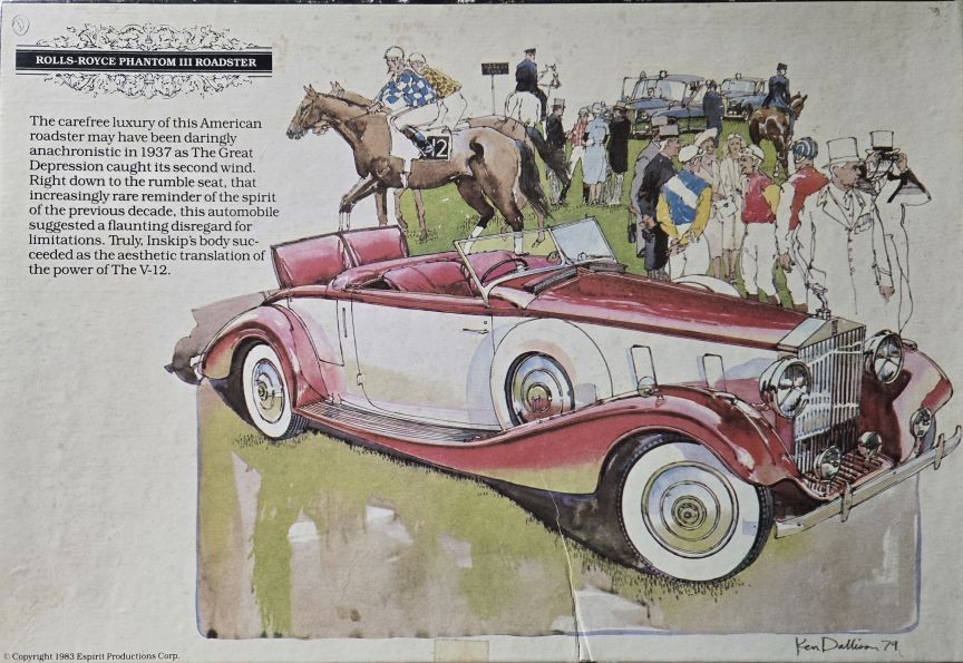 A watercolor illustration of a vintage maroon and white Rolls-Royce Phantom III Roadster at a horse racing track.
