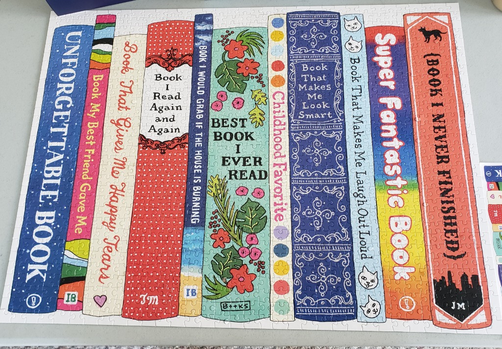 A row of colorful, whimsical book spines each featuring humorous, descriptive titles.